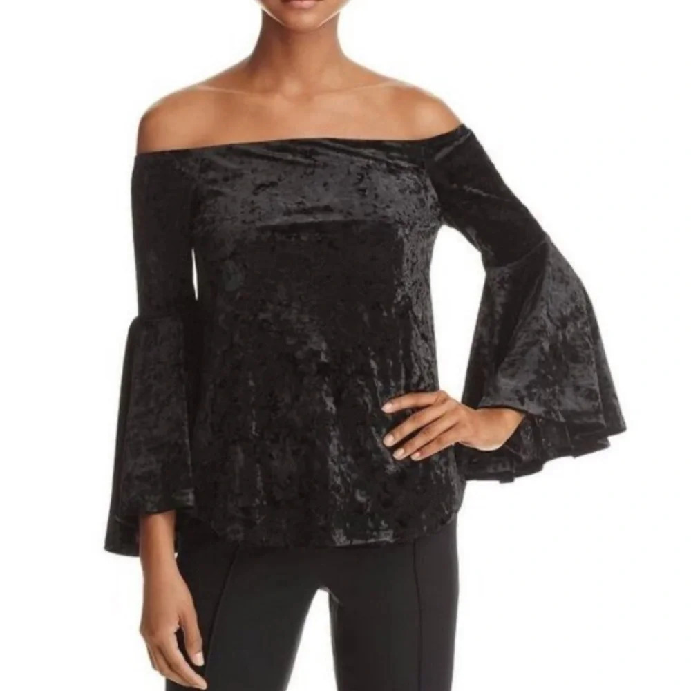Aqua Black Velvet Off-Shoulder Bell Sleeve Blouse XS – Goth Grunge Witchy Vampy